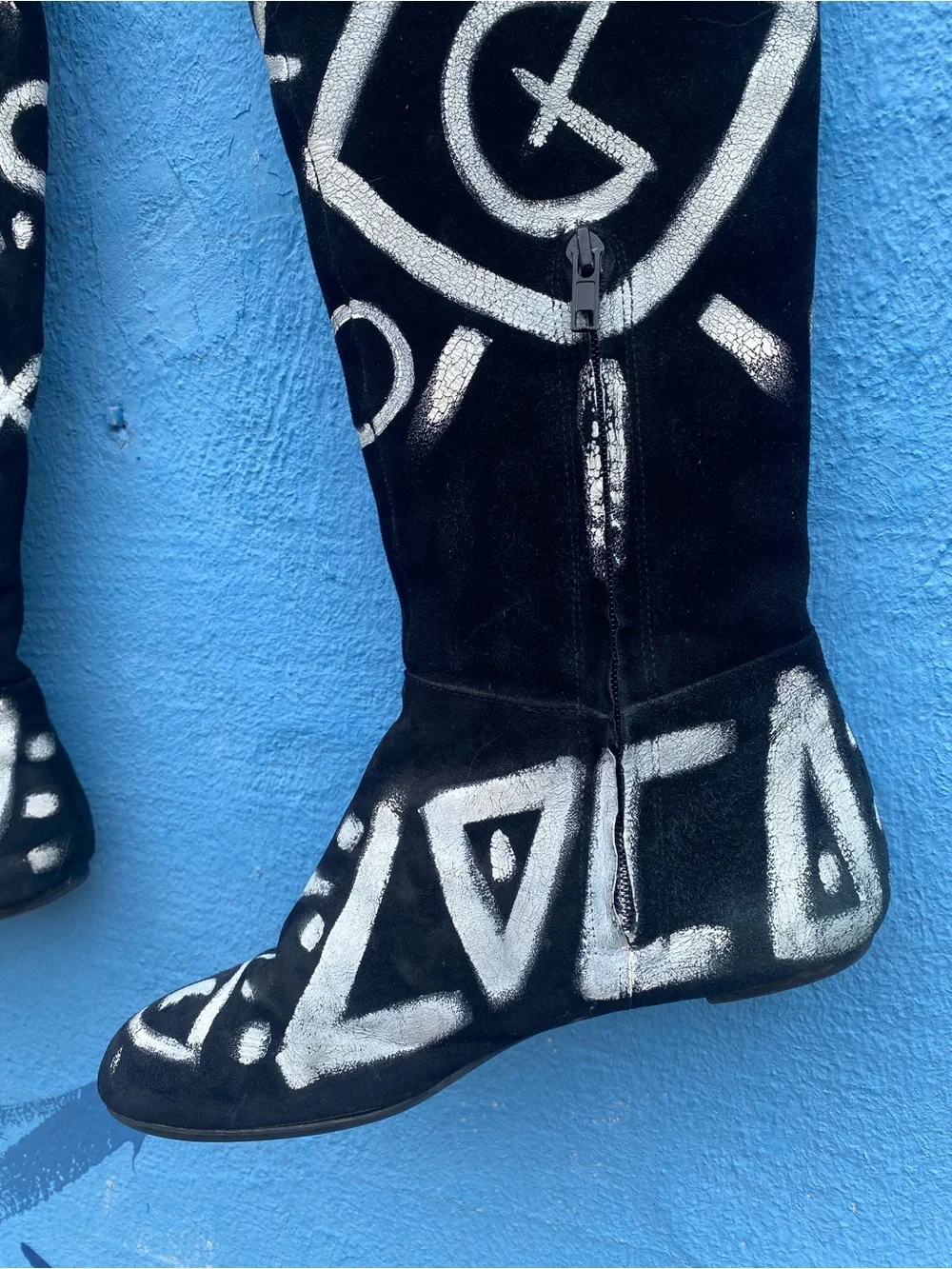 Black suede thigh high boots, Sam Edelman, flat, hand painted, zippers, Size 7
